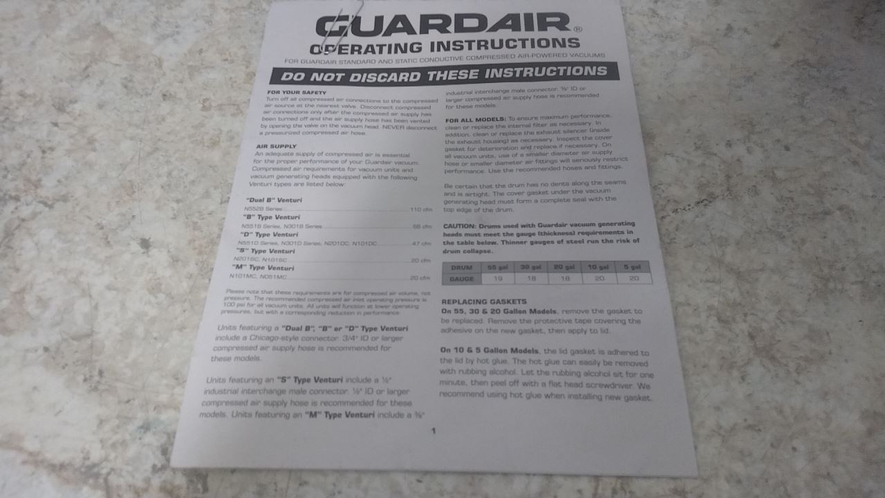 Guardair N101SC 10 Gal Tank Size 61 CFM Pneumatic Drum Vacuum (C)-12012779 - Image 12