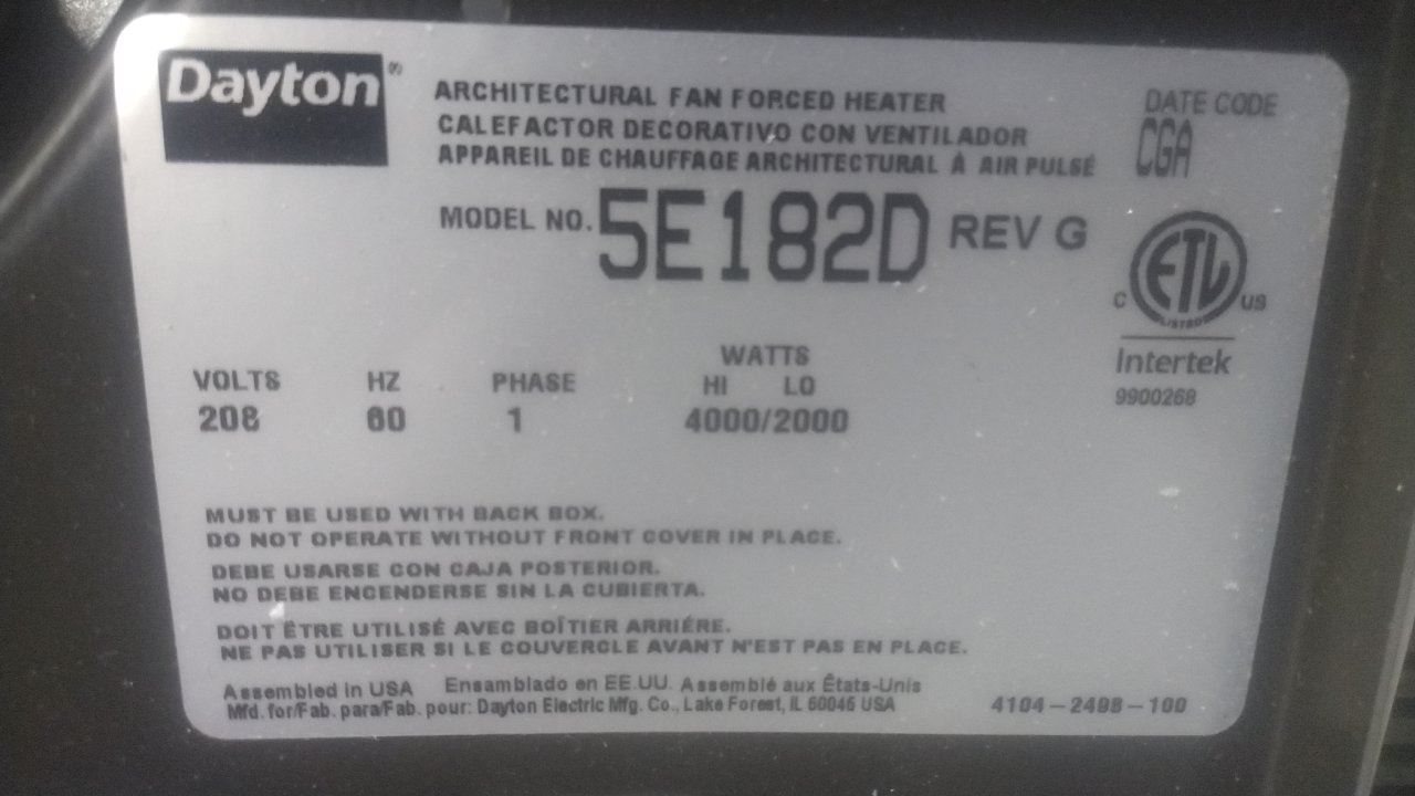 Dayton 5E182D 208VAC 6,824/13,650 BtuH Recessed Electric Wall-Mount Heater (C)-33127634 - Image 2