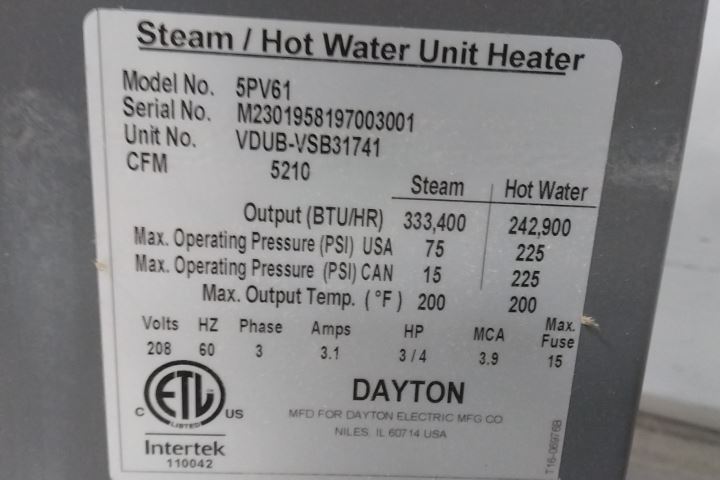 Dayton 5PV61 240VAC; 480V 333,400 BtuH Hydronic Wall and Ceiling Unit Heater (C)-27716543 - Image 2