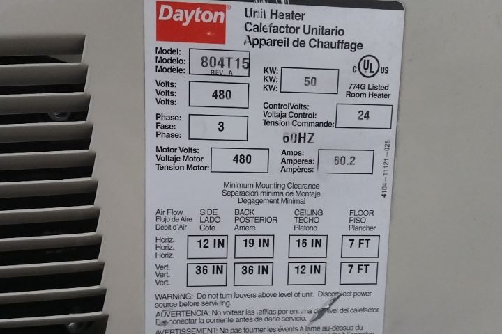 Dayton 804T15 480VAC 170,500 BtuH Electric Wall & Ceiling Unit Heater (D)-13520194 - Image 2