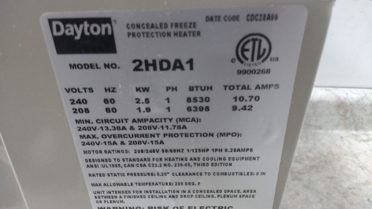 Dayton 2HDA1 208/240VAC 6,398/8,530 BtuH 150/130 CFM Electric Plenum Heater (C)-16807717 - Image 2
