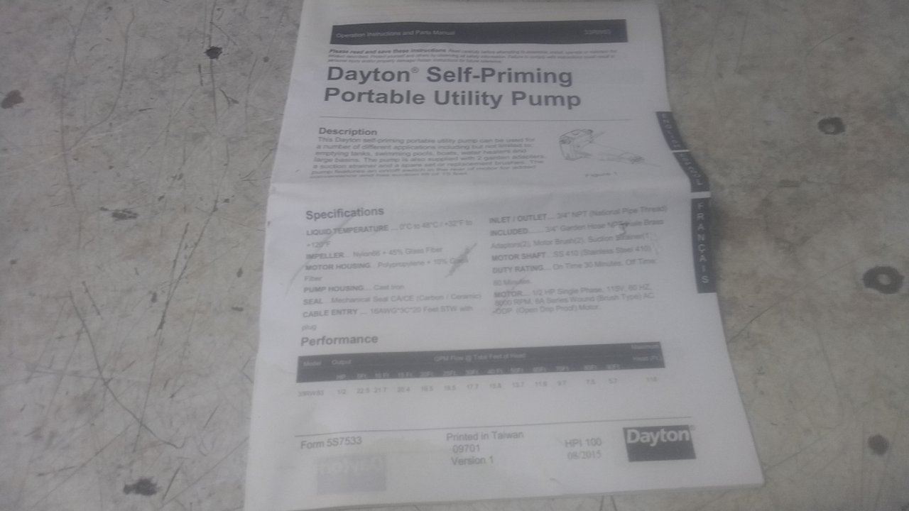 Dayton 33RW83 1/2 HP 115VAC 118 Ft Max Head Utility Pump (C)-12069490 - Image 13