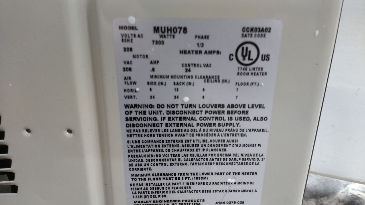 Qmark MUH078 208VAC 25,600 BtuH 650 CFM Electric Wall & Ceiling Unit Heater (C)-27000484 - Image 8